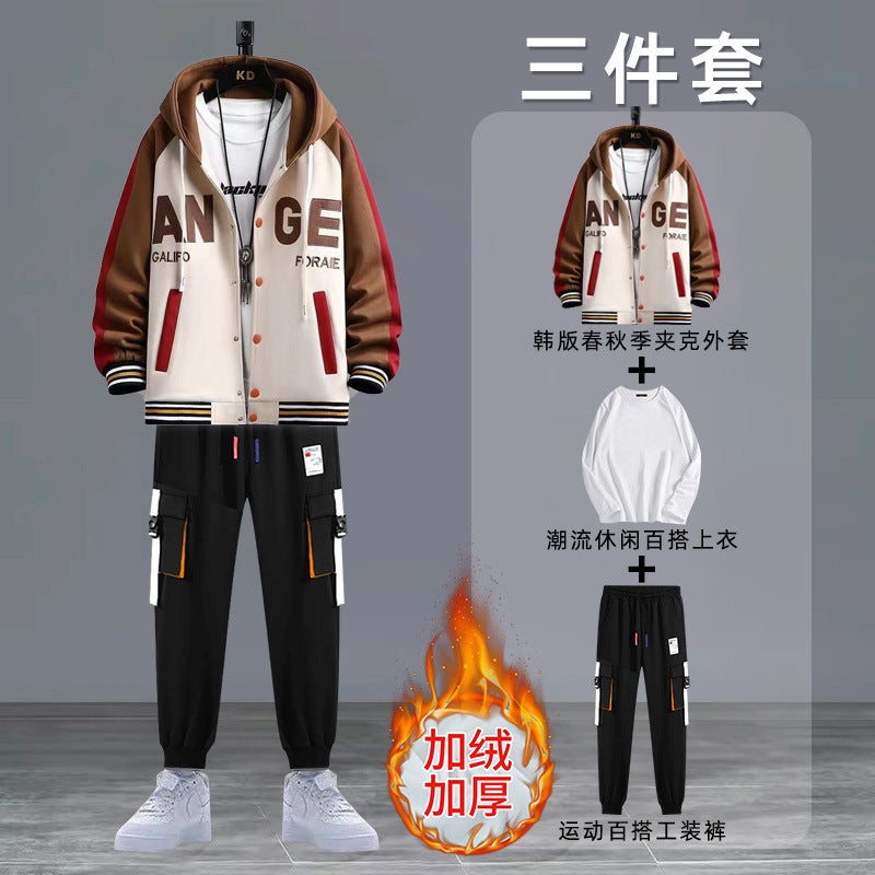 Lamb Fleece Baseball Suit Men'S Winter Group Uniform School Uniform Fleece-Lined Thickened Jacket Teenager Three-Piece Jacket Suit - Image 3
